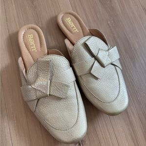 Born Metallic Gold Leather Bow-Accent Slip-On Mules